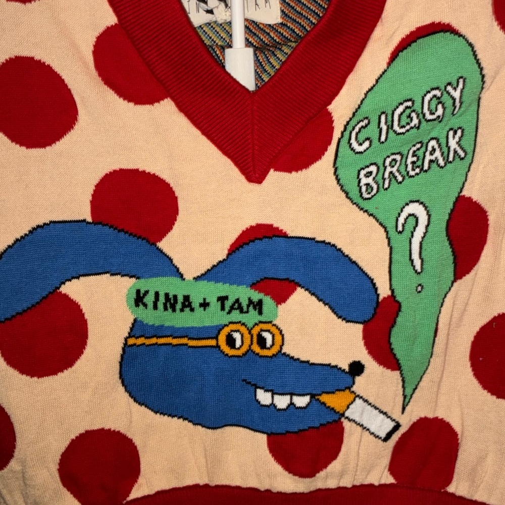 Kina & Tam CIGGY BREAK Graphic Sweater Vest with Red Polka Dots